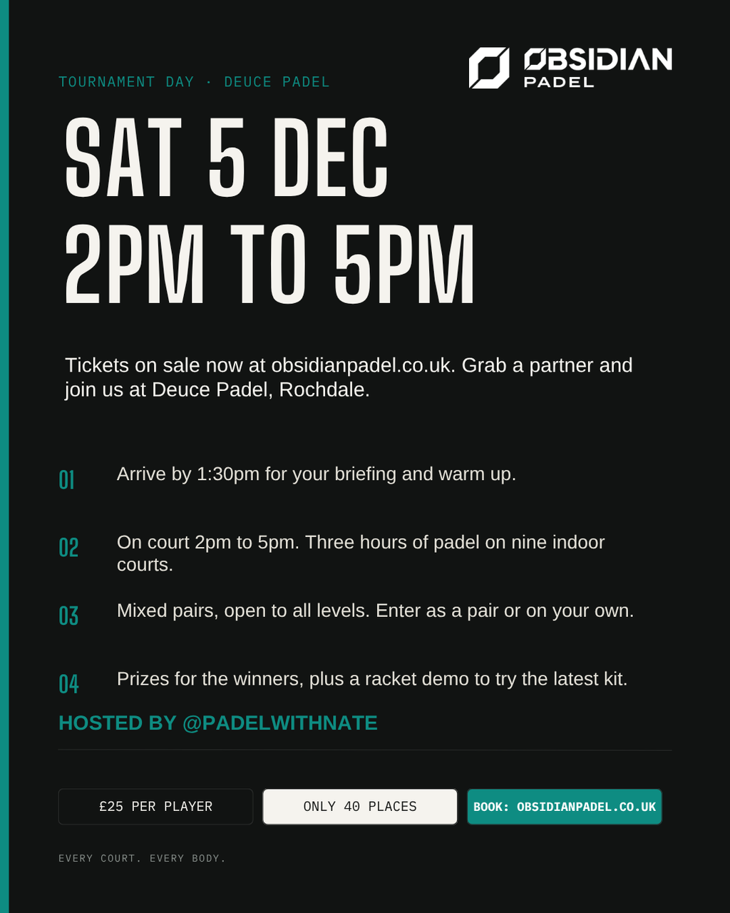 Tournament details: Saturday 5 December, arrive 1:30pm, on court 2pm to 5pm, mixed pairs, hosted by @padelwithnate, £25 per player, 40 places