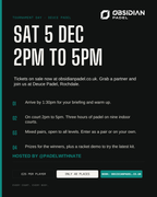 Tournament details: Saturday 5 December, arrive 1:30pm, on court 2pm to 5pm, mixed pairs, hosted by @padelwithnate, £25 per player, 40 places