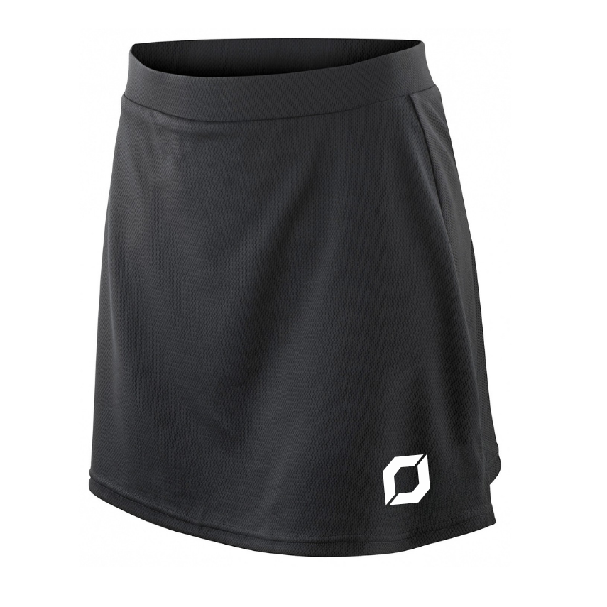 A black athletic padel skirt with a white obsidian logo on the lower left hem.