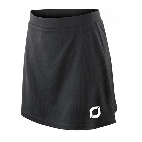 A black athletic padel skirt with a white obsidian logo on the lower left hem.
