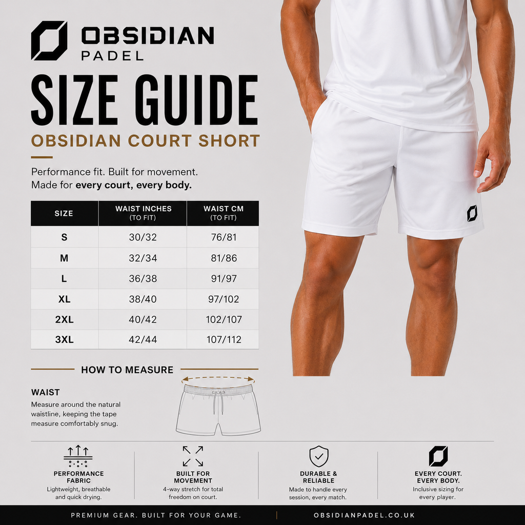 Obsidian Padel size guide for court shorts with a person wearing the shorts.