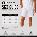 Obsidian Padel size guide for court shorts with a person wearing the shorts.
