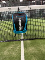 Obsidian Padel Backpack in black and blue alongside the black Obsidian Tournament Padel Bag