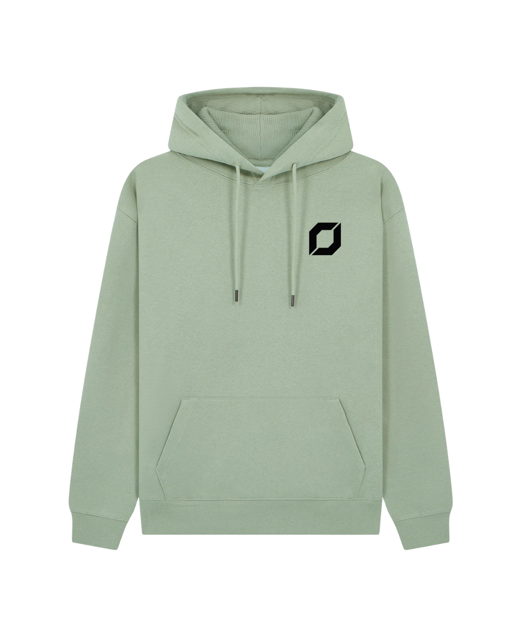 A sage green pullover hoodie with a small black obsidian logo on the left chest, displayed on a clean background.
