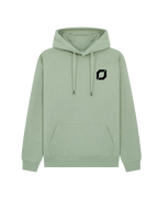 A sage green pullover hoodie with a small black obsidian logo on the left chest, displayed on a clean background.