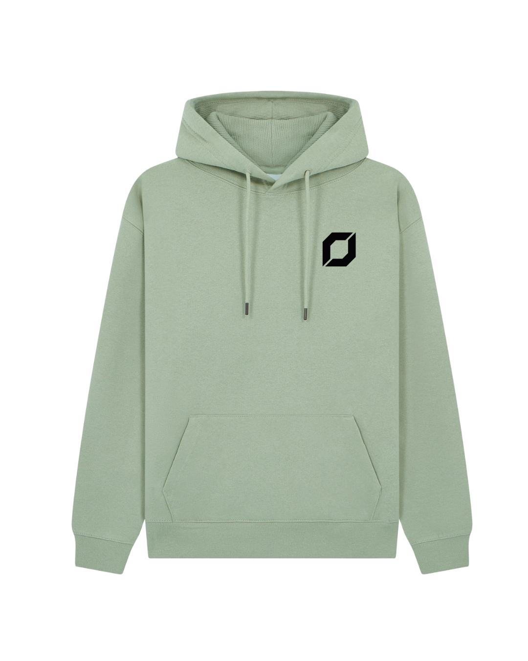 A sage green pullover hoodie with a small black obsidian logo on the left chest, displayed on a clean background.