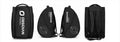 Four views of a black Obsidian Padel bag on a white background, showing the front, back, and side views with white branding and geometric logo details.