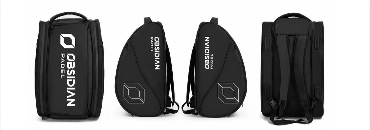 Four views of a black Obsidian Padel bag on a white background, showing the front, back, and side views with white branding and geometric logo details.