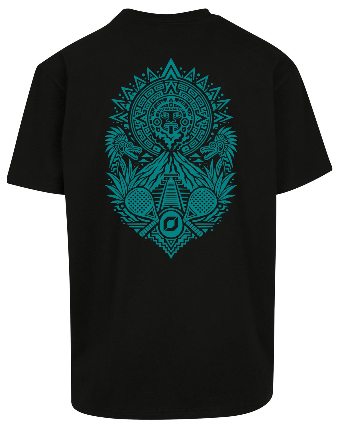 Aztec Oversized Tee in Black with teal print, back