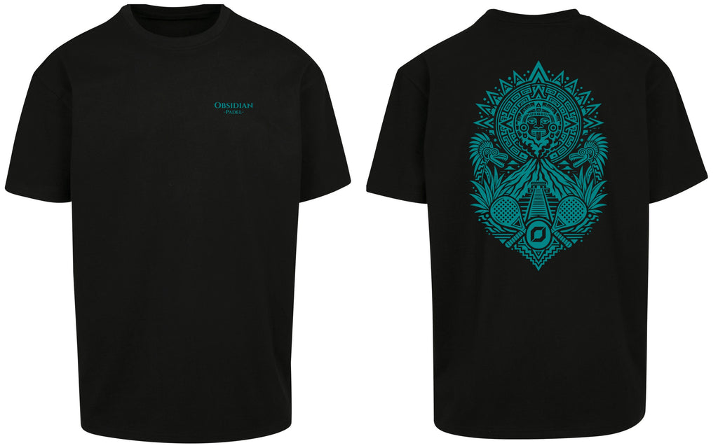 Aztec Oversized Tee in Black with teal print, front and back