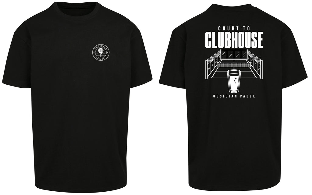 Court to Clubhouse Oversized Tee in Black with white print, front and back