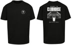 Court to Clubhouse Oversized Tee in Black with white print, front and back