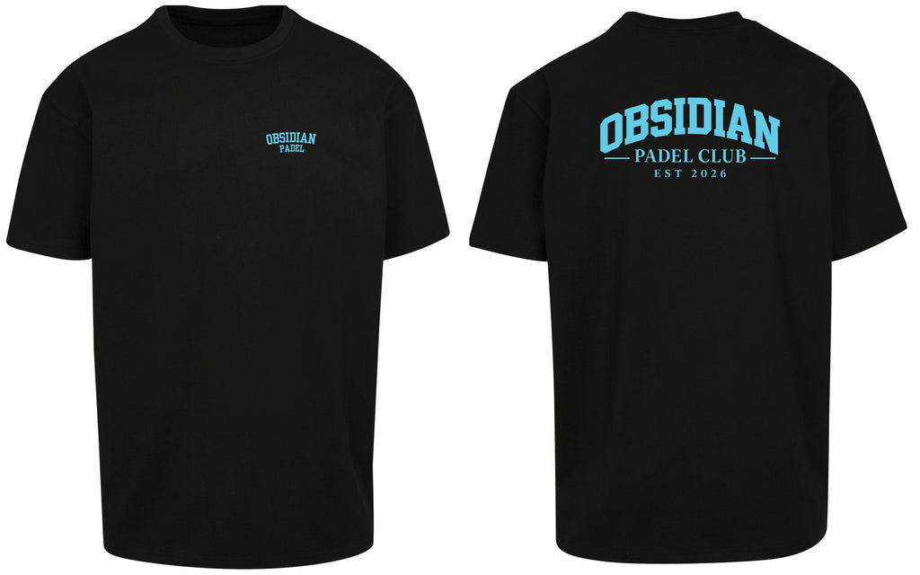 Varsity Oversized Tee in Black with light blue print, front and back