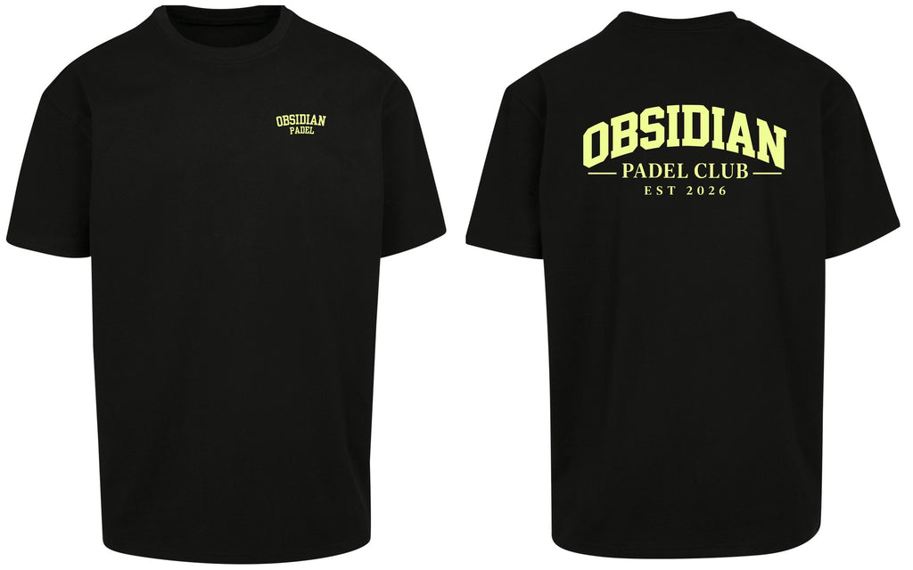 Varsity Oversized Tee in Black with light yellow print, front and back