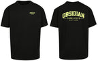 Varsity Oversized Tee in Black with light yellow print, front and back