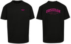 Varsity Oversized Tee in Black with pink print, front and back