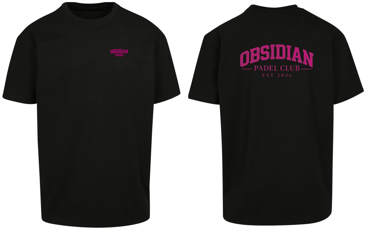 Varsity Oversized Tee in Black with pink print, front and back