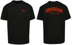 Varsity Oversized Tee in Black with red print, front and back