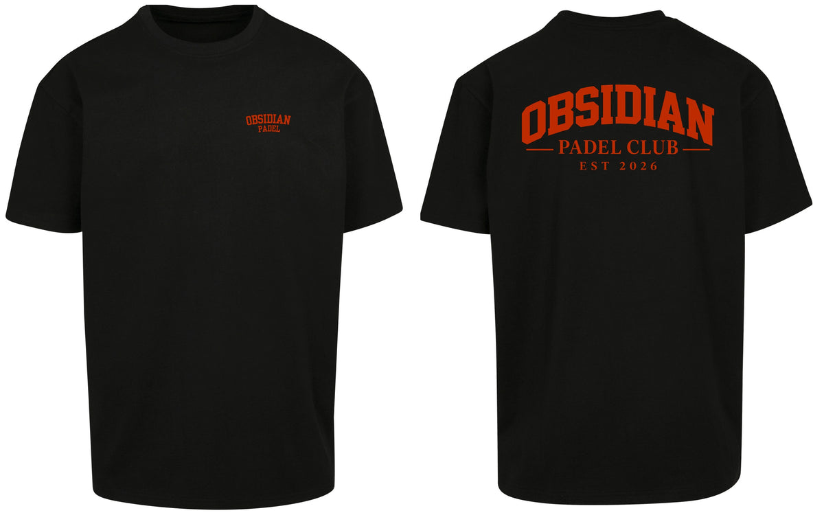 Varsity Oversized Tee in Black with red print, front and back