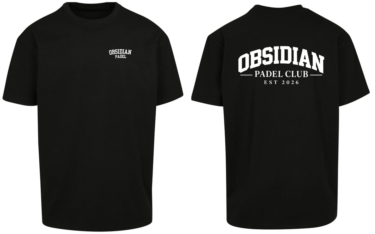 Varsity Oversized Tee in Black with white print, front and back