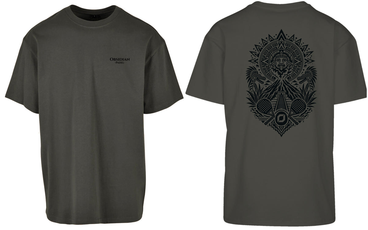 Aztec Oversized Tee in Charcoal with black print, front and back