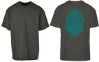 Aztec Oversized Tee in Charcoal with teal print, front and back