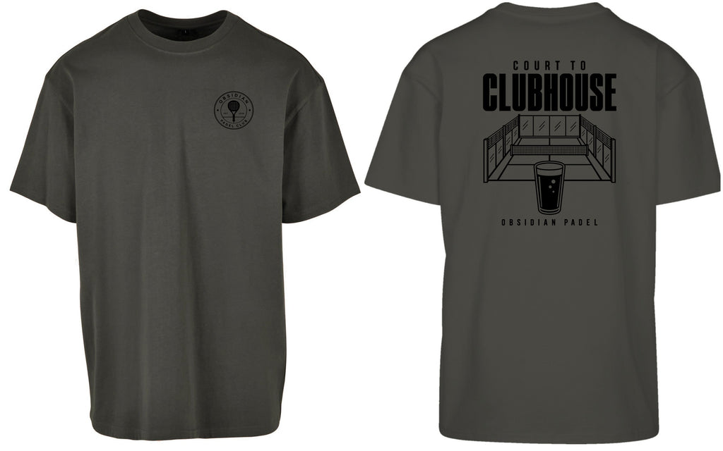 Court to Clubhouse Oversized Tee in Charcoal with black print, front and back