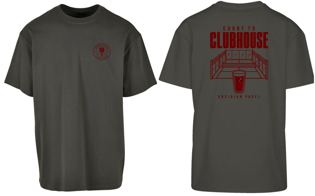 Court to Clubhouse Oversized Tee in Charcoal with cherry print, front and back