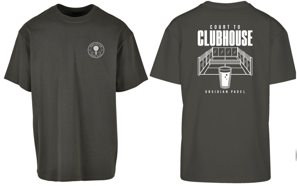 Court to Clubhouse Oversized Tee in Charcoal with white print, front and back