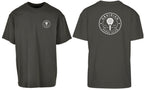 Roundel Oversized Tee in Charcoal with white print, front and back
