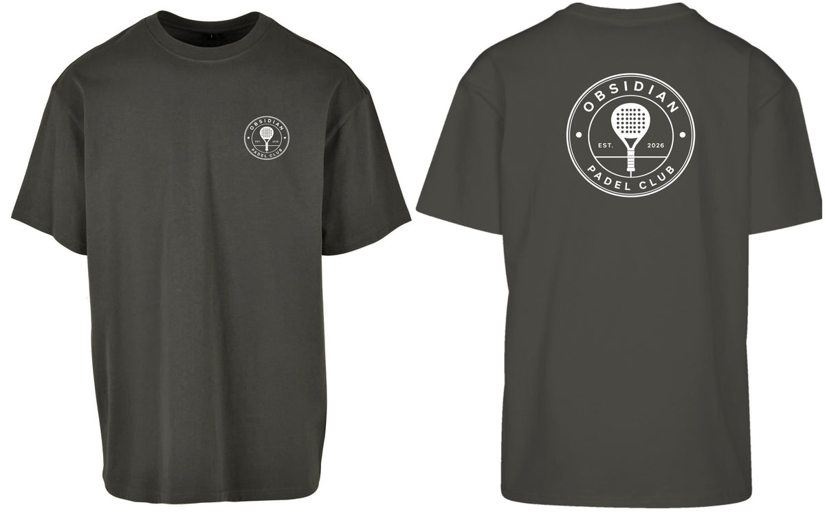 Roundel Oversized Tee in Charcoal with white print, front and back