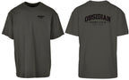 Varsity Oversized Tee in Charcoal with black print, front and back