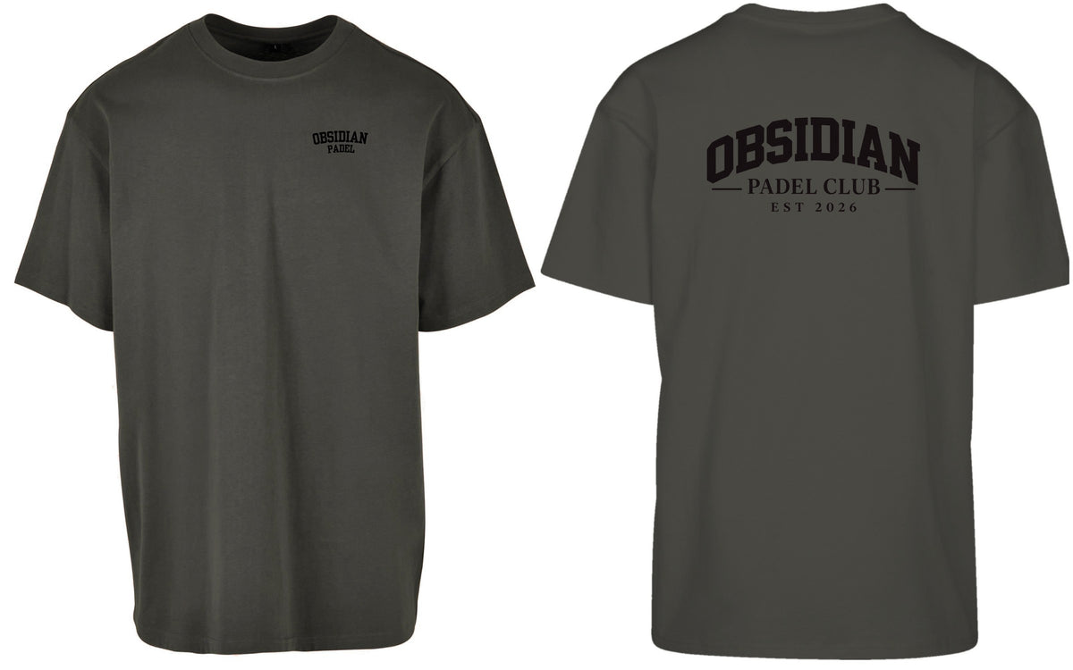 Varsity Oversized Tee in Charcoal with black print, front and back