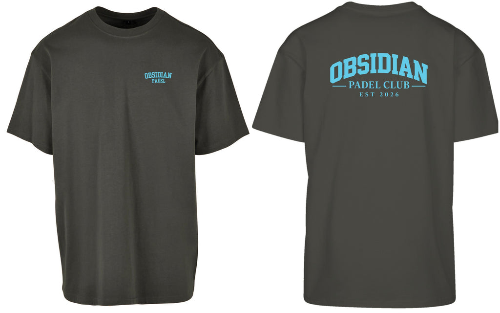 Varsity Oversized Tee in Charcoal with light blue print, front and back