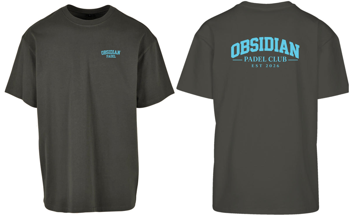 Varsity Oversized Tee in Charcoal with light blue print, front and back