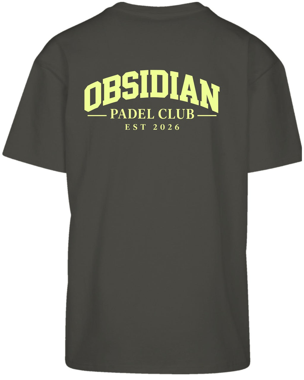 Varsity Oversized Tee in Charcoal with light yellow print, back