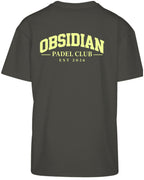 Varsity Oversized Tee in Charcoal with light yellow print, back