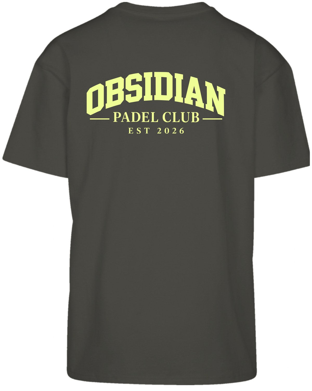 Varsity Oversized Tee in Charcoal with light yellow print, back
