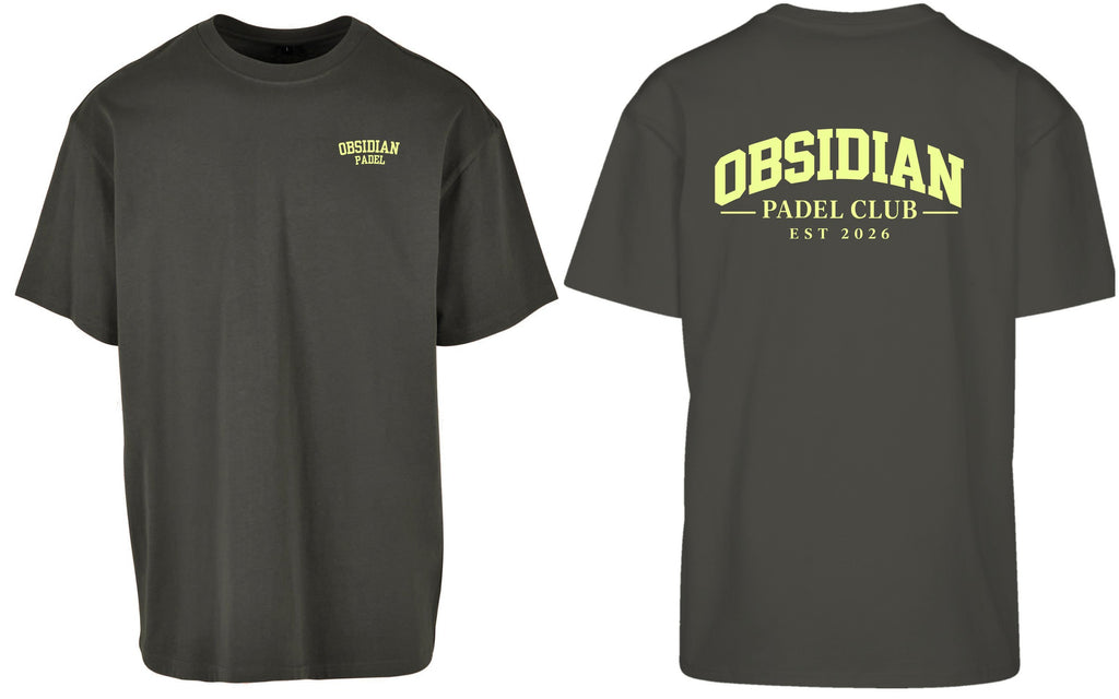 Varsity Oversized Tee in Charcoal with light yellow print, front and back