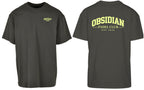 Varsity Oversized Tee in Charcoal with light yellow print, front and back