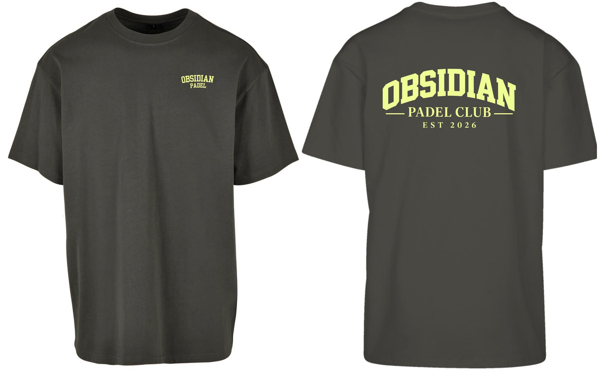 Varsity Oversized Tee in Charcoal with light yellow print, front and back