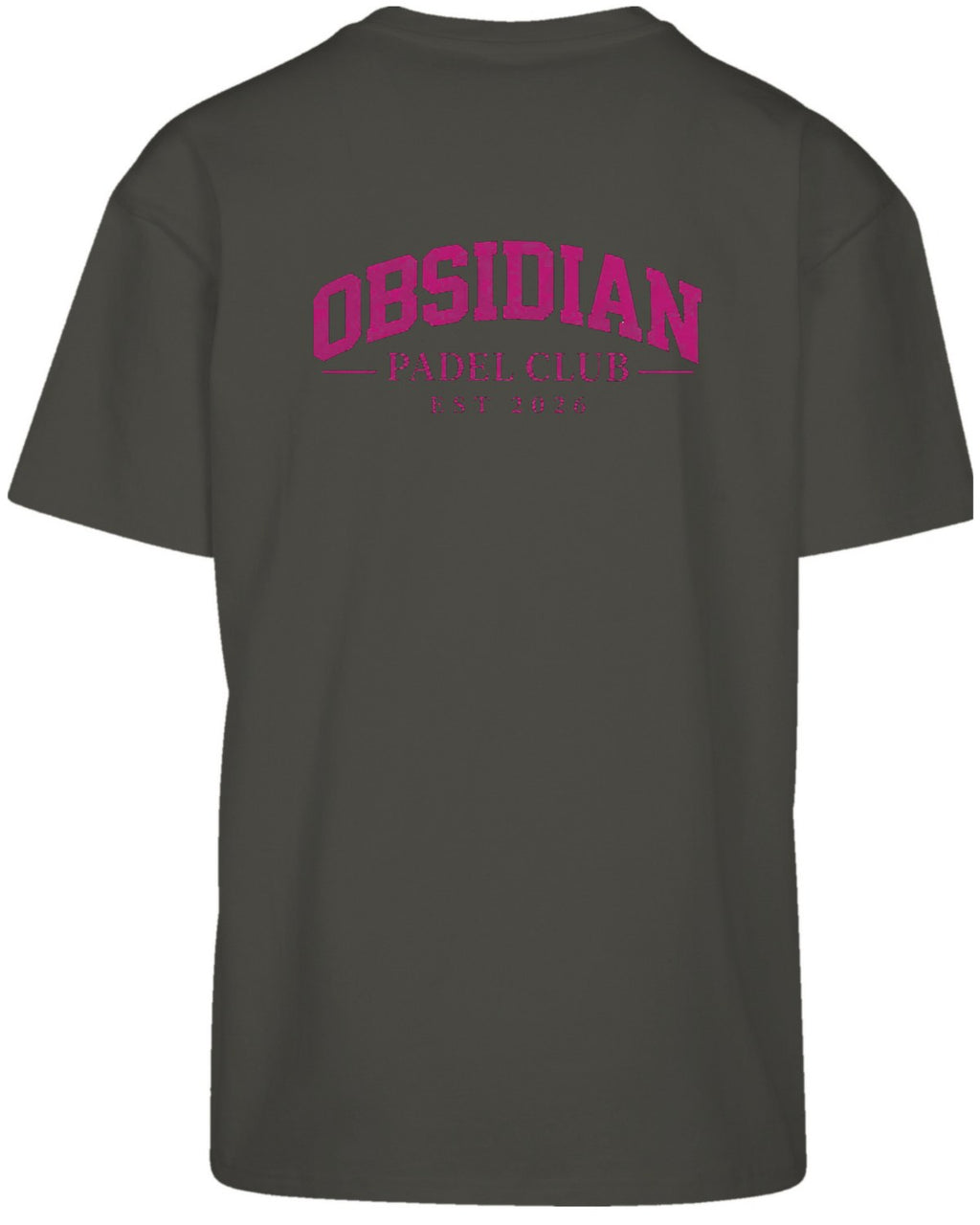 Varsity Oversized Tee in Charcoal with pink print, back