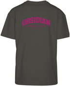 Varsity Oversized Tee in Charcoal with pink print, back