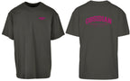 Varsity Oversized Tee in Charcoal with pink print, front and back