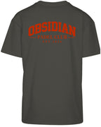 Varsity Oversized Tee in Charcoal with red print, back