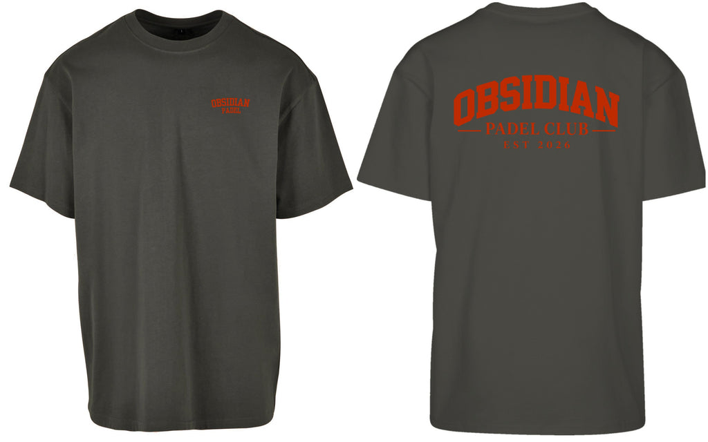 Varsity Oversized Tee in Charcoal with red print, front and back