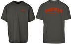 Varsity Oversized Tee in Charcoal with red print, front and back