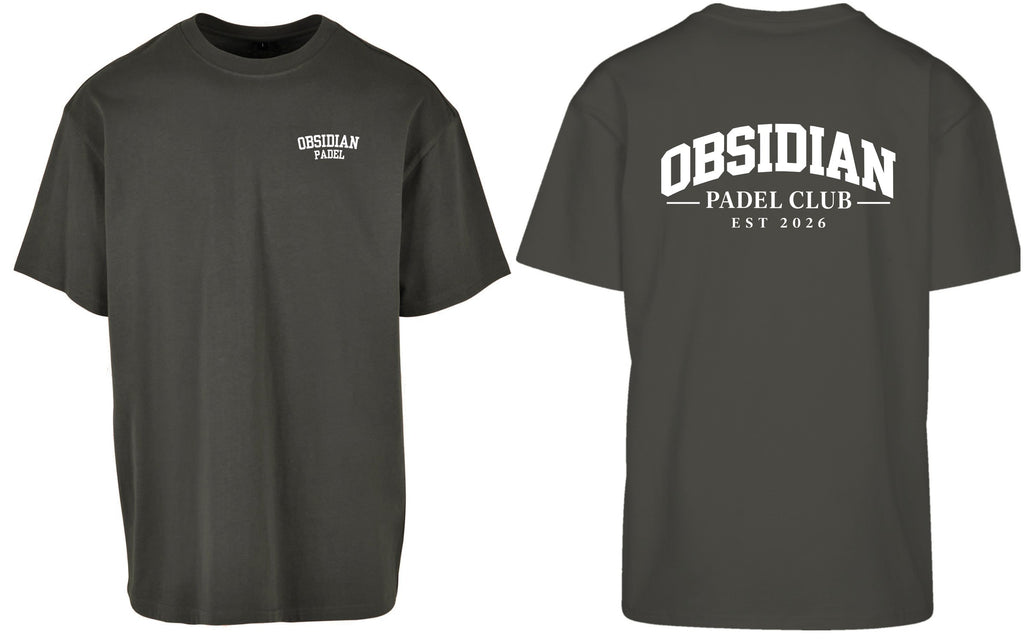 Varsity Oversized Tee in Charcoal with white print, front and back