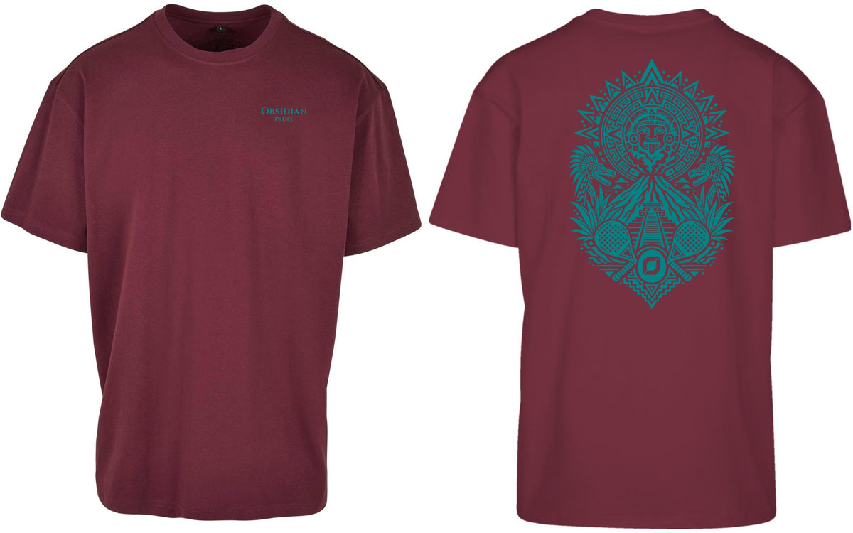 Aztec Oversized Tee in Cherry with teal print, front and back