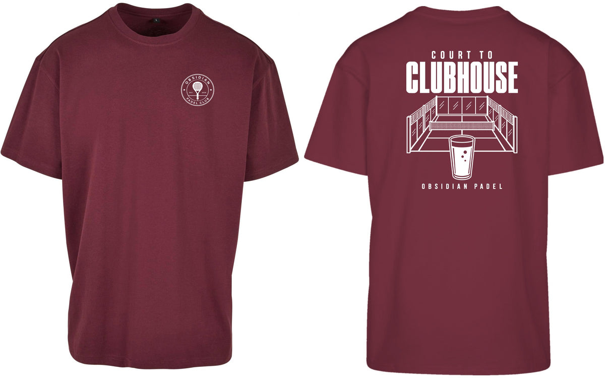 Court to Clubhouse Oversized Tee in Cherry with white print, front and back
